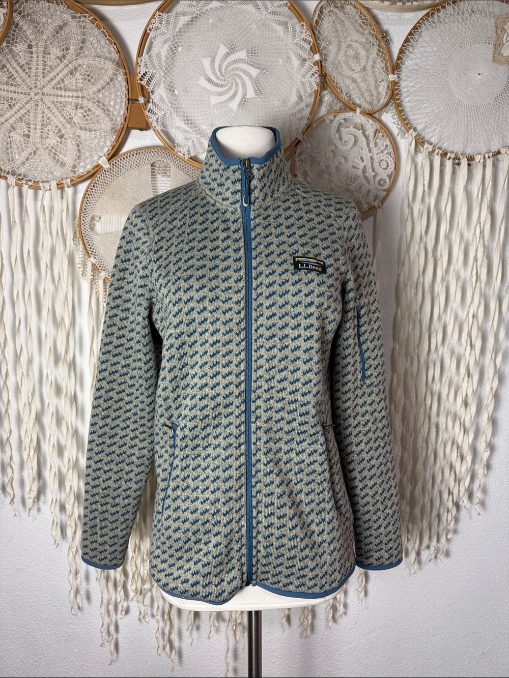 L.L. Bean Women's Sweater Fleece Full Zip Patterned Teal and Gray Print Size M